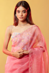 Pink Silk Organza Hand Embroidered Saree