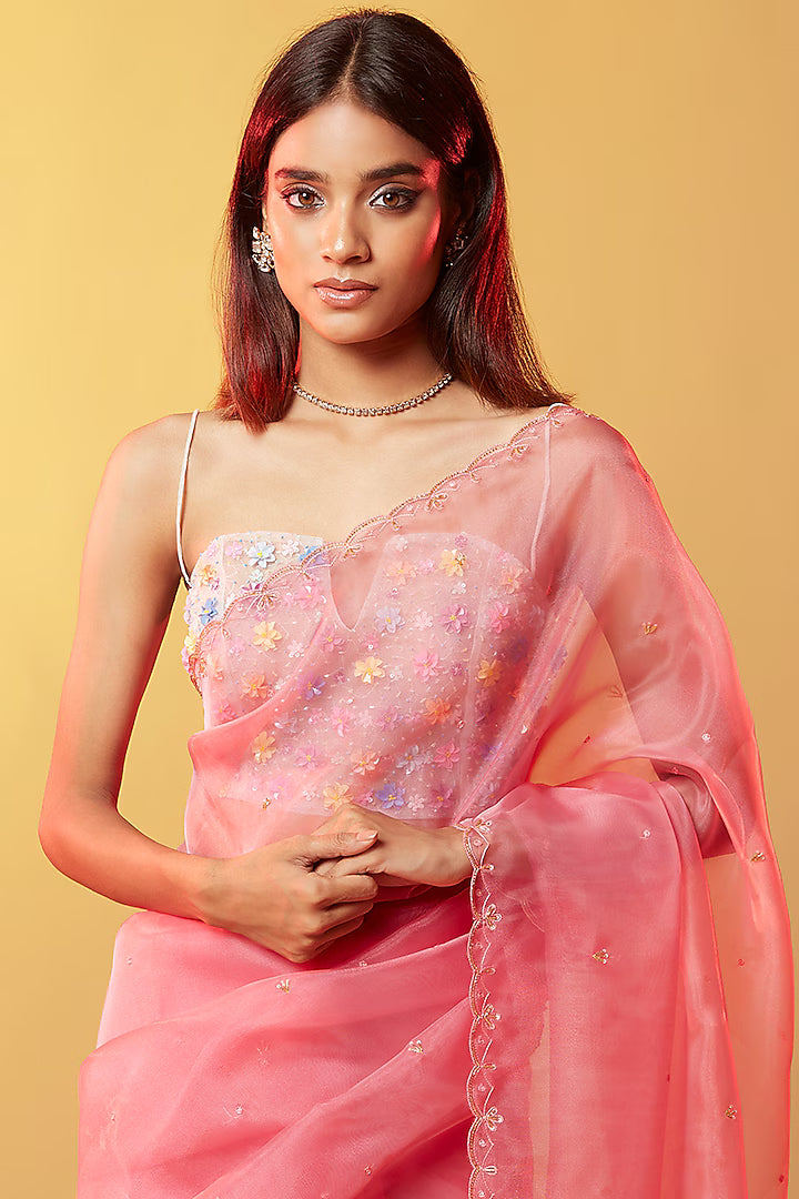 Pink Silk Organza Hand Embroidered Saree