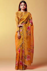 Mustard Silk Organza Floral Printed Handmade Saree Set