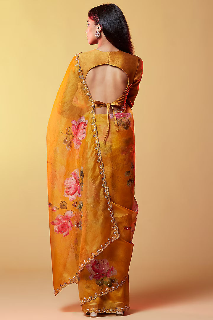 Mustard Silk Organza Floral Printed Handmade Saree Set