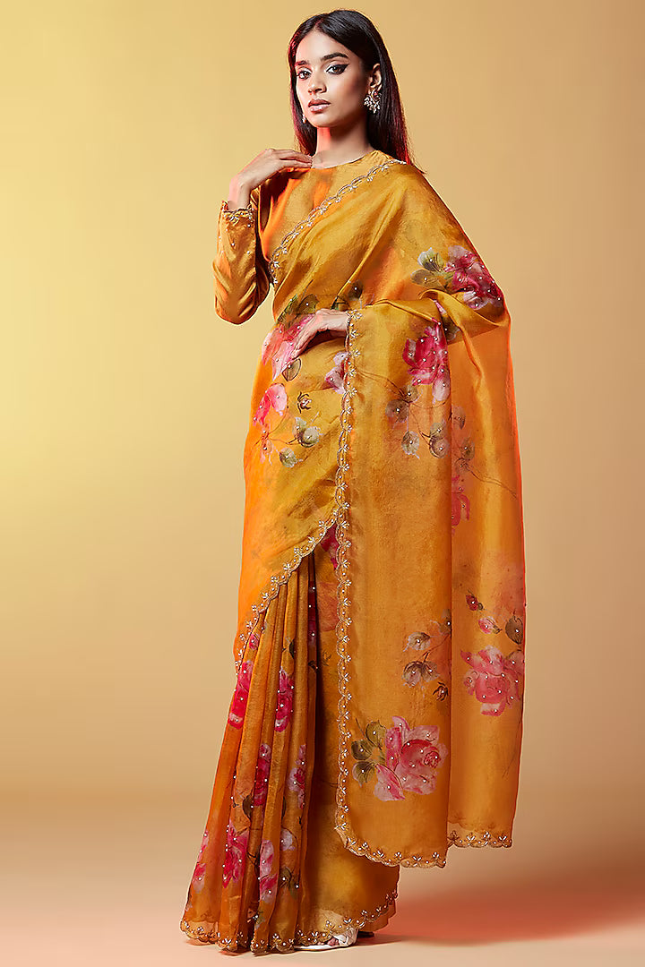 Mustard Silk Organza Floral Printed Handmade Saree Set