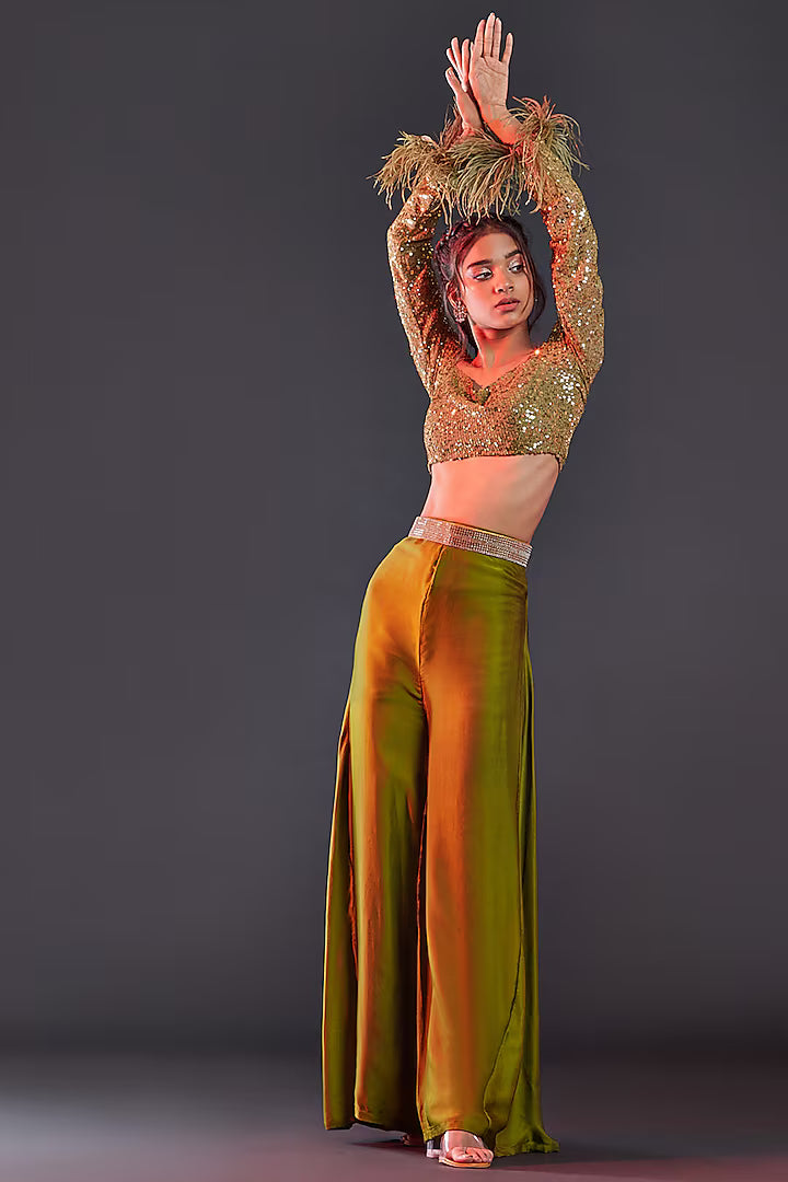 Olive Green Silk Pant Set
