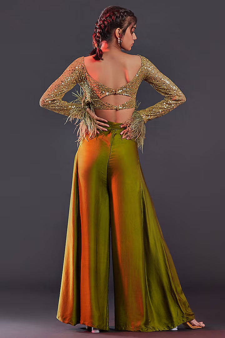 Olive Green Silk Pant Set