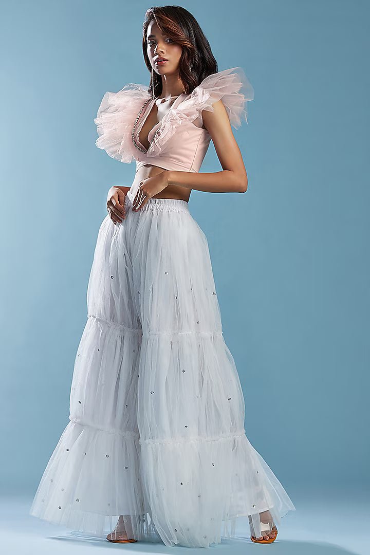 White Tulle Tiered Sharara Set