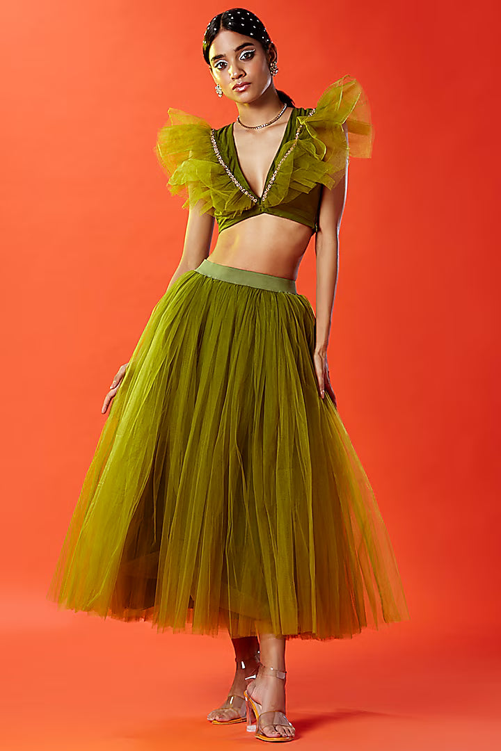 Olive Green Hand Embroidered Crop Top