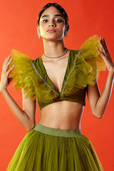 Olive Green Hand Embroidered Crop Top