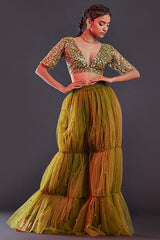 Olive Green Hand Embroidered Sharara Pants