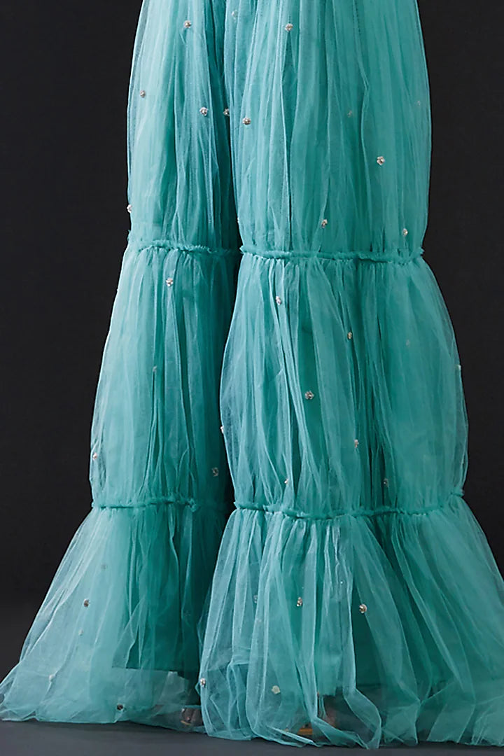 Blue Tulle Hand Embroidered Sharara Pants