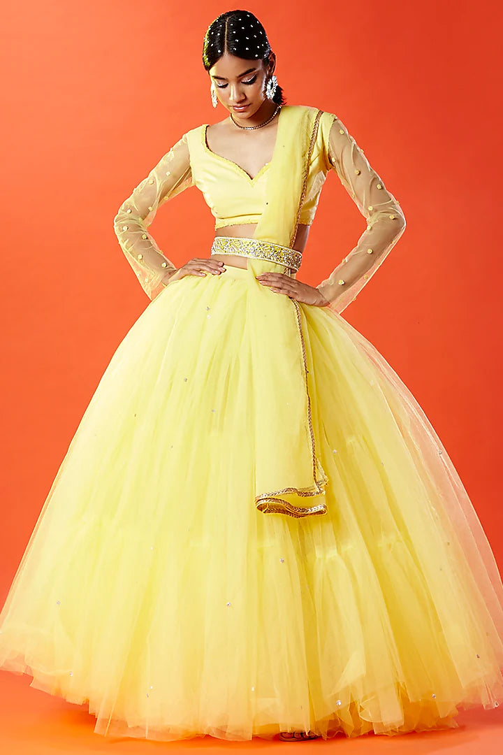 Lemon Yellow Tulle Hand Embroidered Lehenga Set