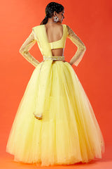 Lemon Yellow Tulle Hand Embroidered Lehenga Set