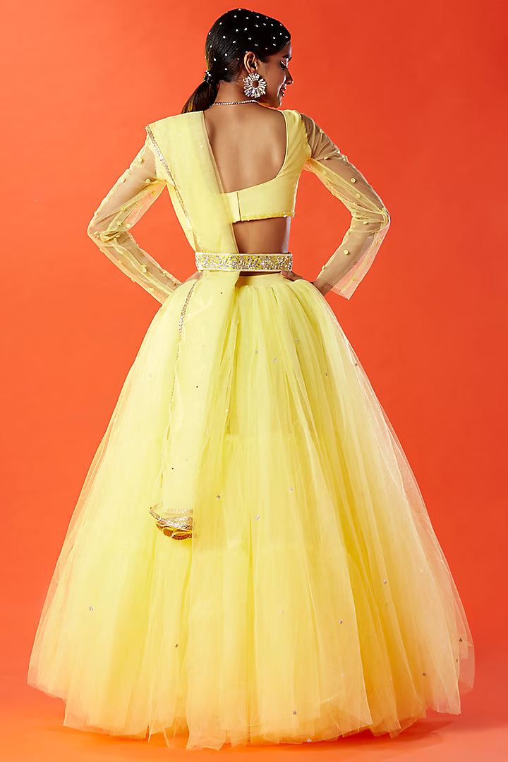 Lemon Yellow Tulle Hand Embroidered Lehenga Set