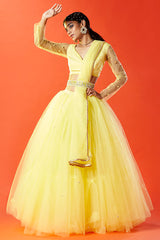 Lemon Yellow Tulle Hand Embroidered Lehenga Set