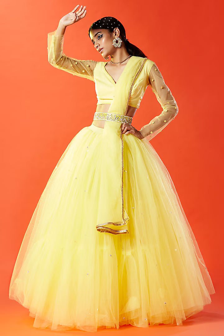 Lemon Yellow Tulle Hand Embroidered Lehenga Set