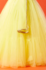 Lemon Yellow Tulle Hand Embroidered Lehenga Set