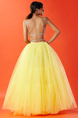 Lemon Yellow Tulle Hand Embroidered Lehenga