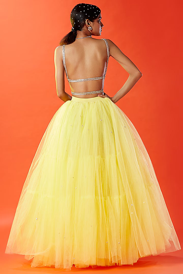 Lemon Yellow Tulle Hand Embroidered Lehenga