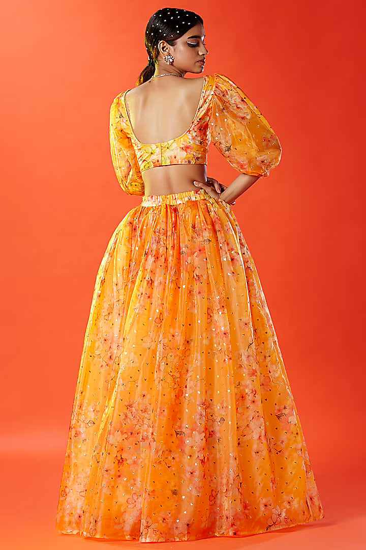 Mustard Tulle Floral Printed & Embellished Top