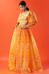 Mustard Tulle Floral Printed & Embellished Top