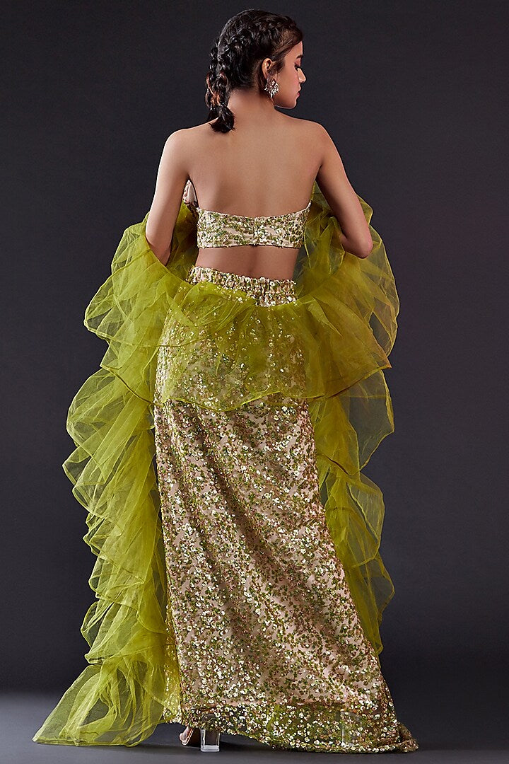 Blue Mesh & Tulle Embellished Sharara Set