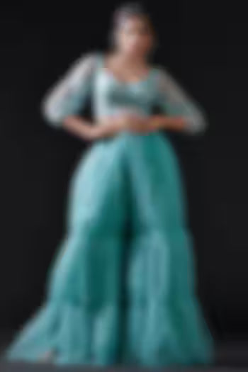 Blue Mesh & Tulle Embellished Sharara Set