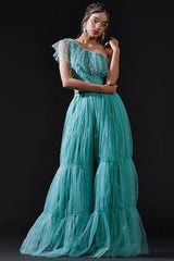 Blue Mesh & Tulle Embellished Sharara Set