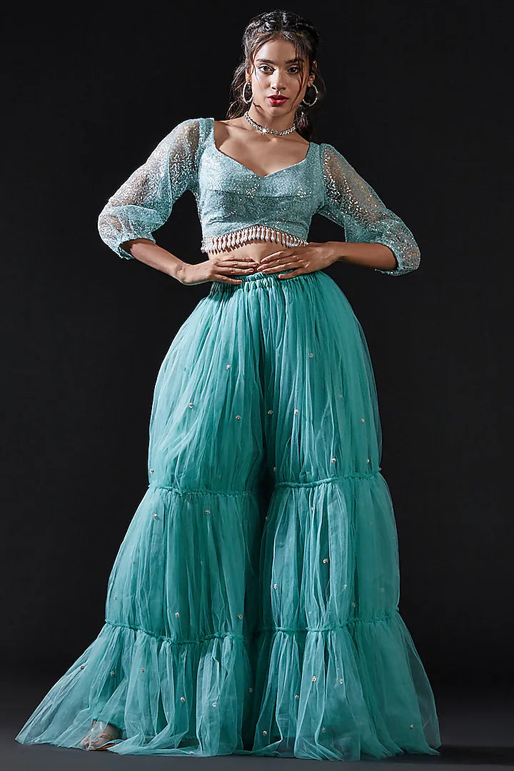 Blue Mesh & Tulle Embellished Crop Top