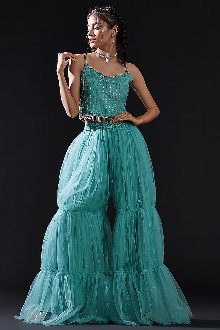 Blue Mesh & Tulle Embellished Crop Top