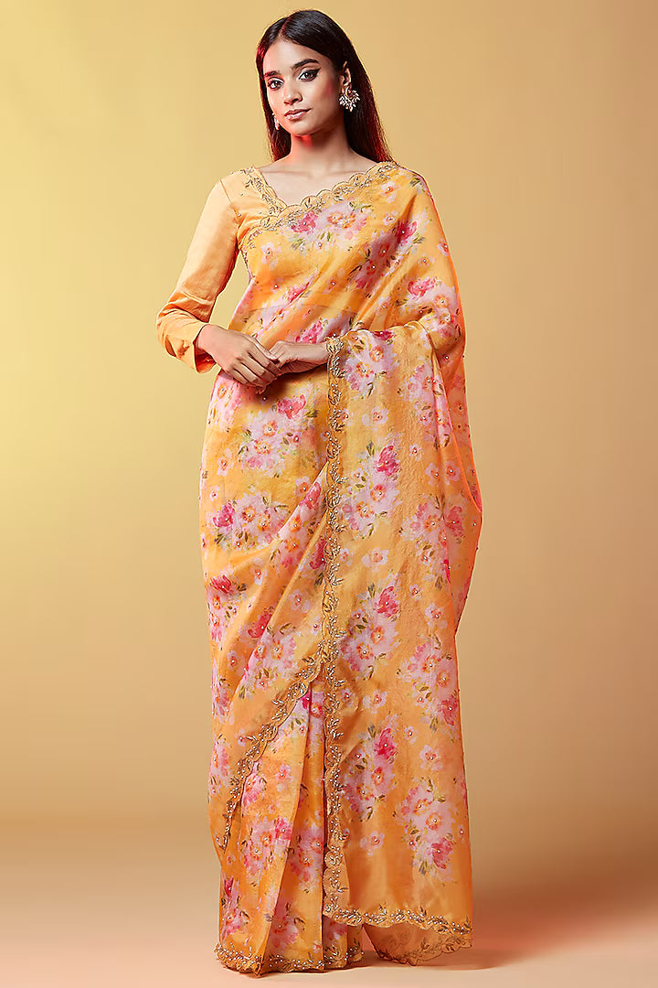 Dark Olive Gajji Silk Embellished Ruffled Saree