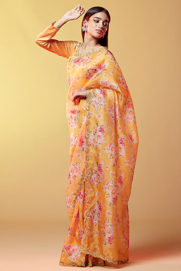 Dark Olive Gajji Silk Embellished Ruffled Saree