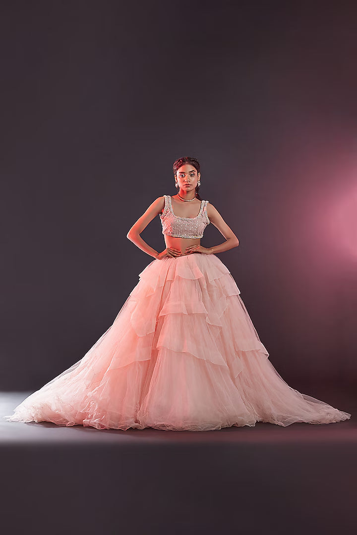 Blush Pink Polyester Mesh & Tulle Lehenga Set