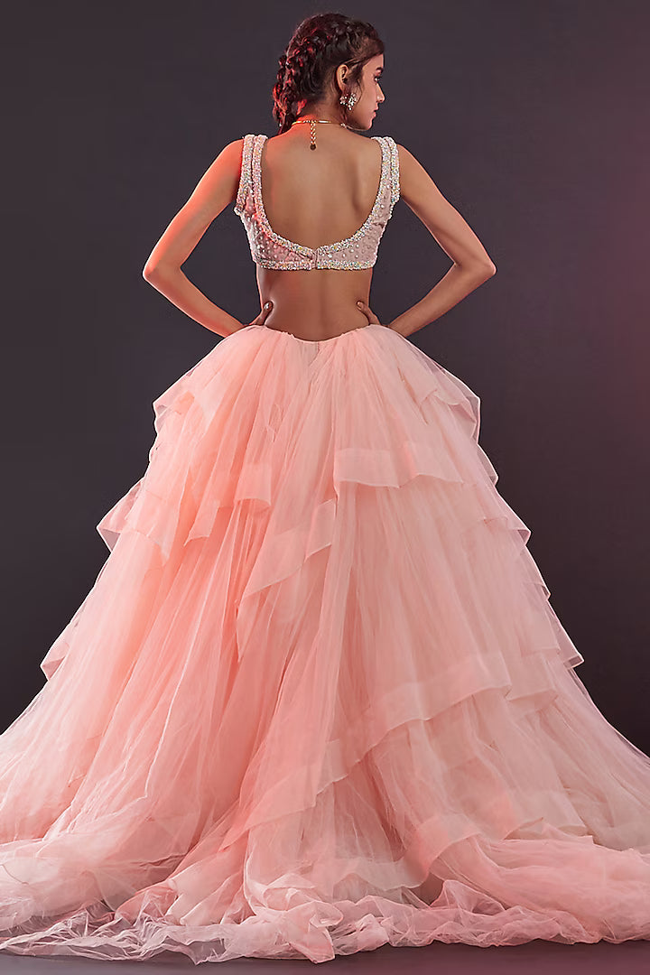 Blush Pink Polyester Mesh & Tulle Lehenga Set
