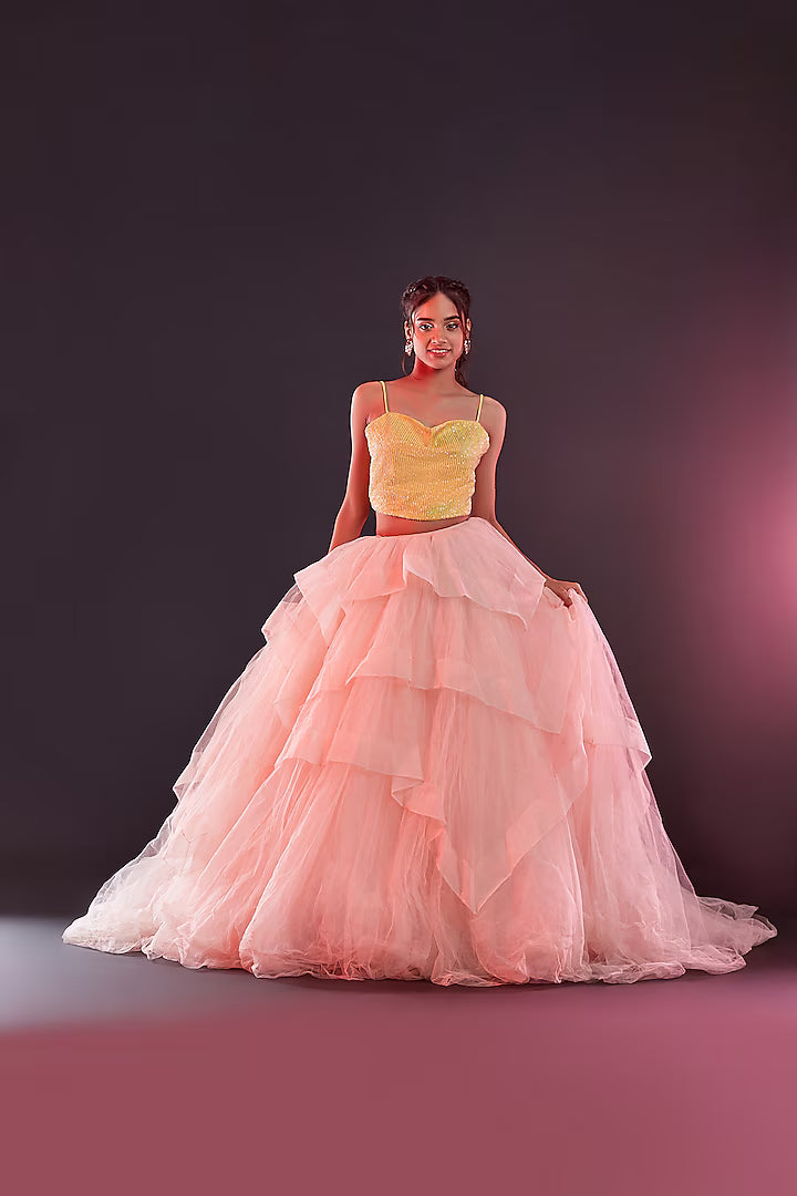 Blush Pink Polyester Mesh & Tulle Lehenga Set