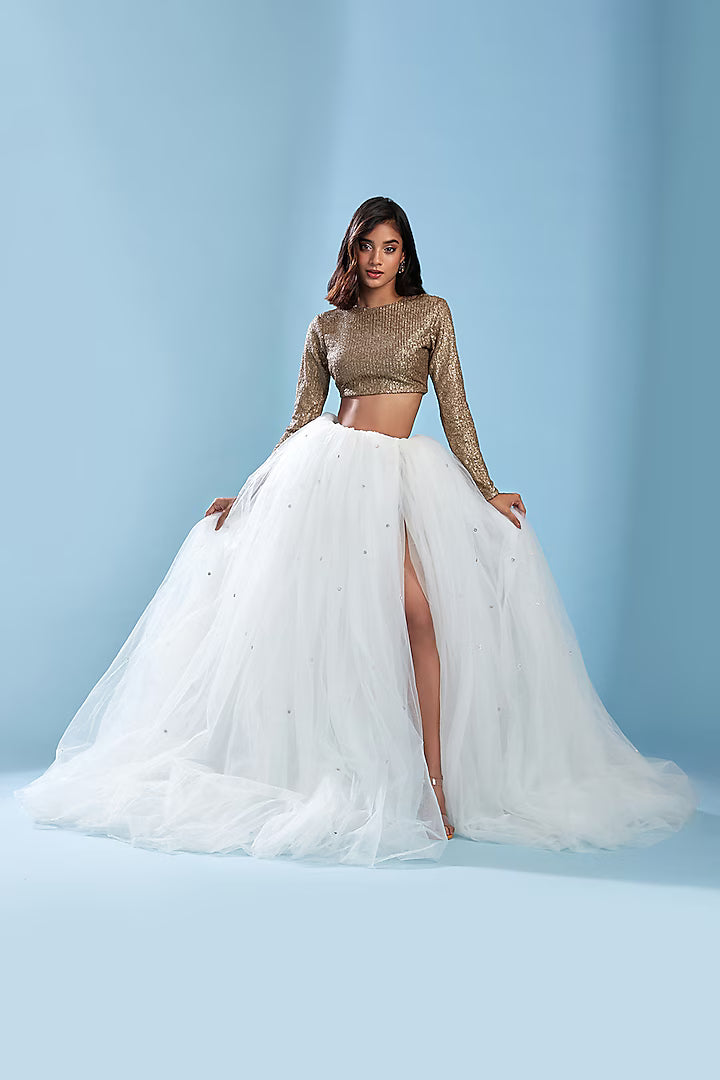 Crystal Polyester Mesh Lehenga Set