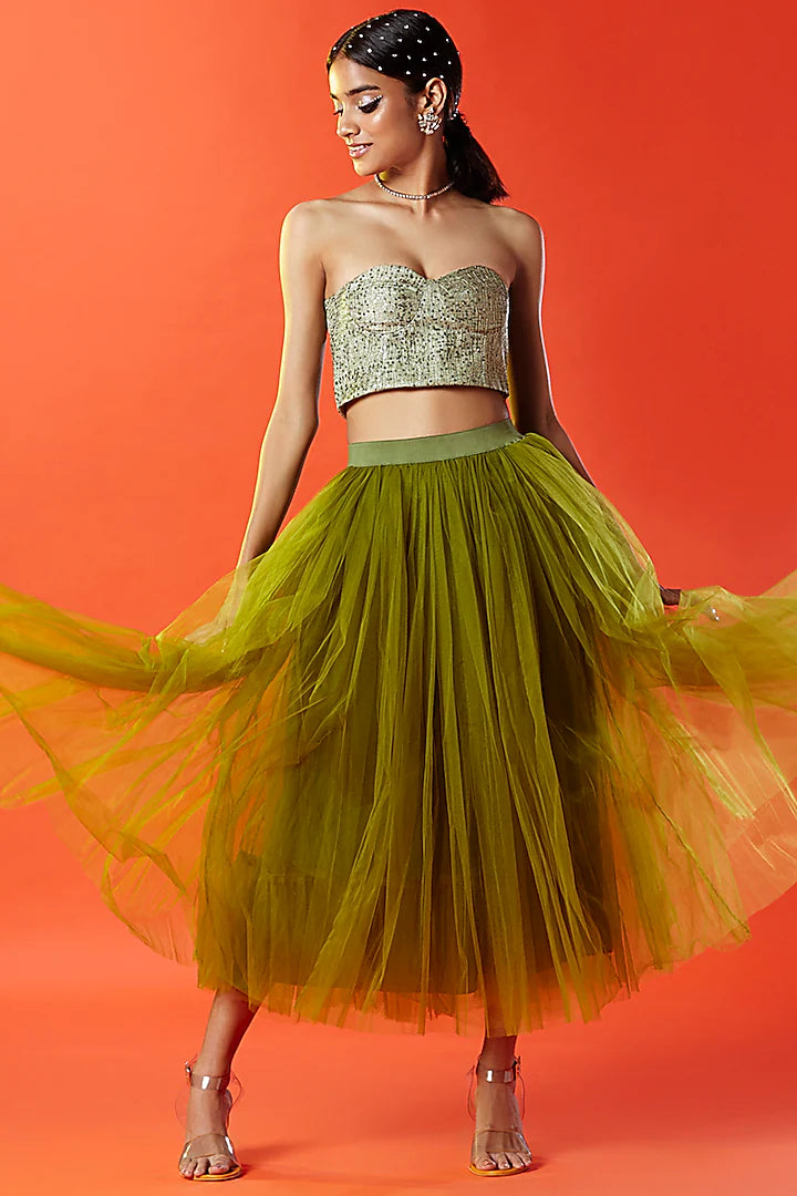 Olive Polyester Mesh Embellished Corset Top