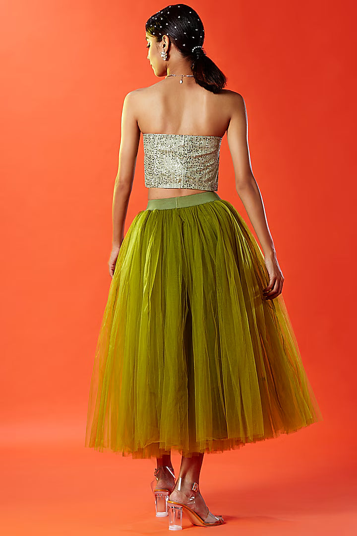 Olive Polyester Mesh Embellished Corset Top