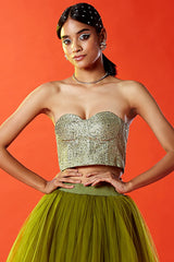 Olive Polyester Mesh Embellished Corset Top