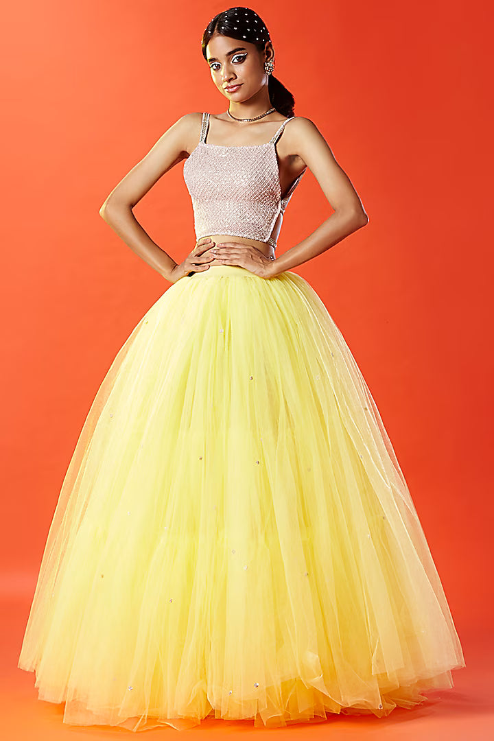 Blush Polyester Mesh Embellished Crop Top