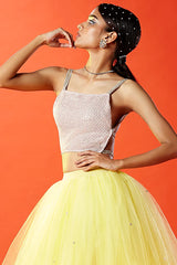 Blush Polyester Mesh Embellished Crop Top