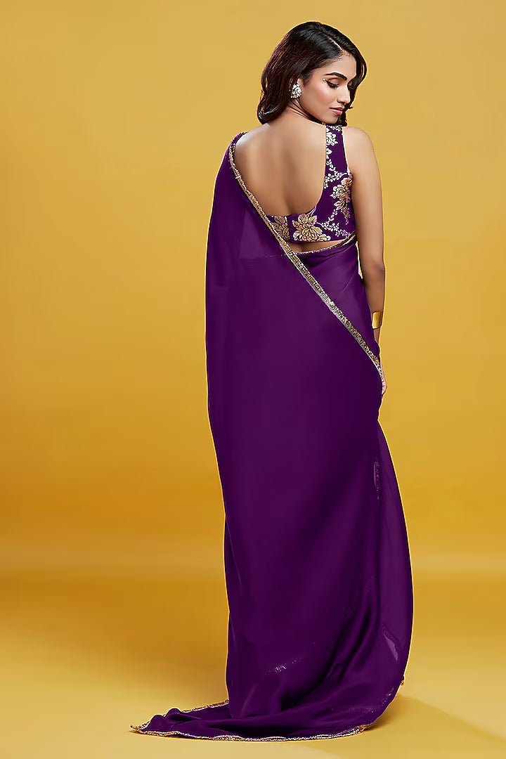 Purple Satin Georgette Gota Fringe Border Saree Set