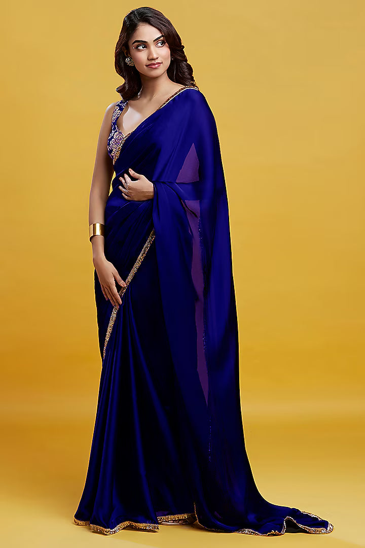 Navy Satin Georgette Gota Fringe Border Saree Set