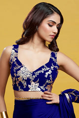 Navy Satin Georgette Gota Fringe Border Saree Set