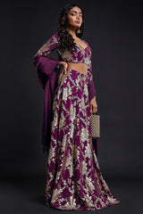 Charcoal Grey Satin Embroidered Saree Set