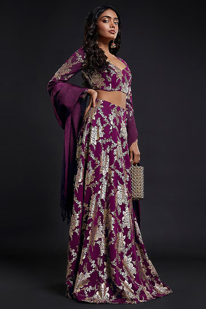 Charcoal Grey Satin Embroidered Saree Set