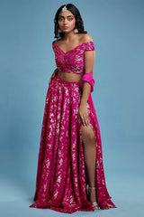 Hot Pink Recycled Polyester Foil Printed Lehenga Set
