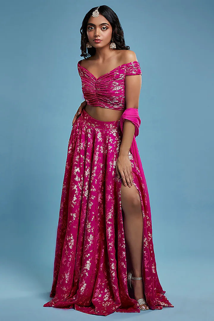 Hot Pink Recycled Polyester Foil Printed Lehenga Set