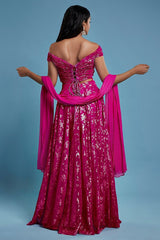 Hot Pink Recycled Polyester Foil Printed Lehenga Set
