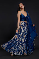 Navy Recycled Polyester Foil Printed Lehenga Set