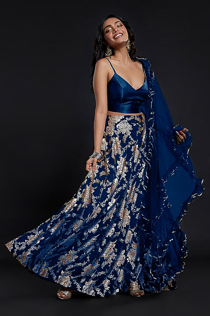 Navy Recycled Polyester Foil Printed Lehenga Set