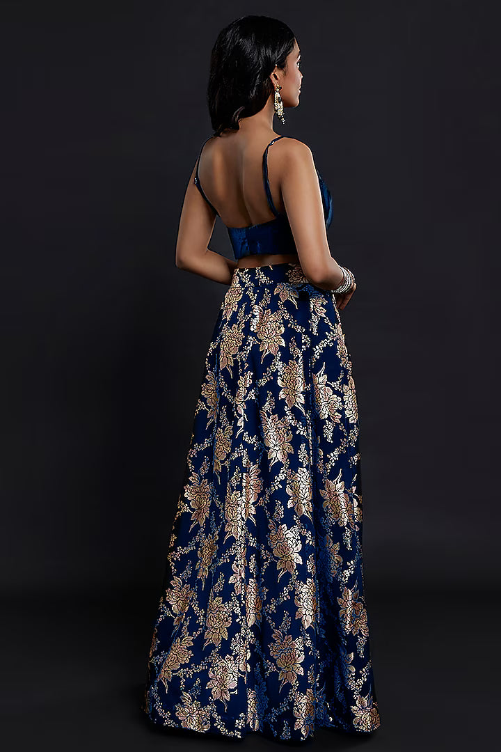 Navy Recycled Polyester Foil Printed Lehenga Set