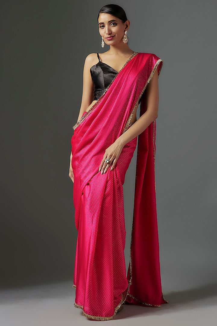Rani Pink Satin Georgette Foil Printed Saree Set